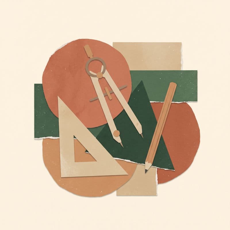 Paper-cut illustration of a drawing compass, a set square and a pencil on geometric paper shapes