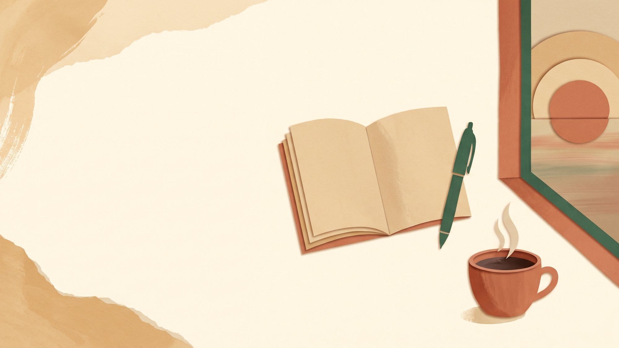 Paper-cut illustration of an open blank notebook, a pen, a cup of tea and a window with a paper sunrise